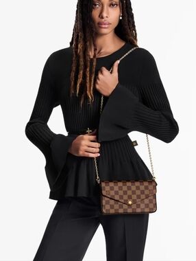 Classic Checked 4 Piece Monogram Crossbody Bag w/gold Tone Chain, Wallet Pouch